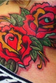 颈部彩色old school玫瑰纹身图片