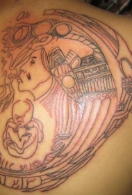 背部棕色线条神秘的母亲和孩子纹身