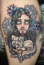 腿部卡通权力游戏英雄人物和狼纹身图案