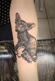 手臂old school黑色无毛猫纹身图案