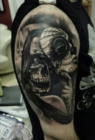 大臂new school黑白怪物女子墨西哥传统面具纹身图案