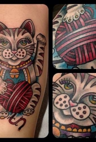 old school彩色招财猫和毛线球纹身图案