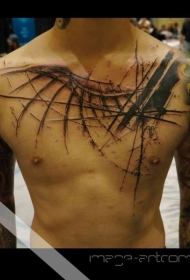 胸部黑色线条鸟翅膀纹身图案