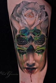 神秘四眼女人脸与白玫瑰纹身图案