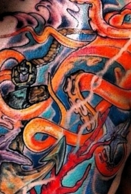 大红色章鱼和海星胸部纹身图案