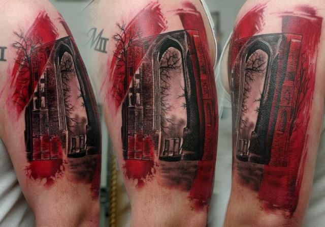 肩部彩色大门树木纹身图案