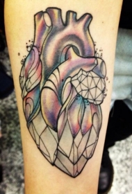 腿部彩色水晶心脏纹身图案