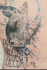 背部新传统风格线条鲸鱼与字母纹身图案