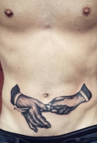 腹部雕刻风格黑白手和匕首纹身图案