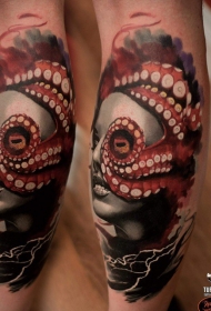 彩色女性肖像结合海星写实纹身图案