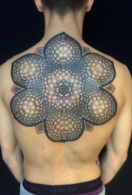背部独特的黑白点刺创意花卉纹身图案