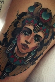 腿部彩色部落女人肖像纹身图案