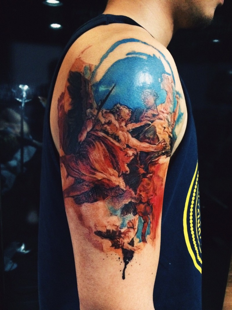 肩部滑稽的彩色各种天使纹身图案