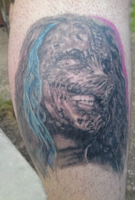 腿部逼真恐怖的僵尸头纹身图案