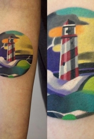 小臂彩色圆形与灯塔风景纹身图案