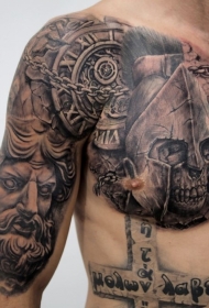 半甲石雕风格古代雕像与骷髅纹身图案