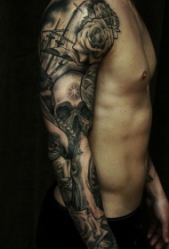 花臂黑灰骷髅玫瑰全套纹身图案缩略频道推荐图