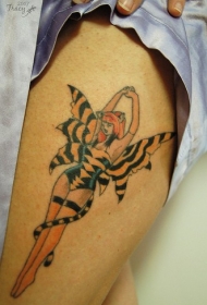 腿部彩色跳舞的女孩纹身图案