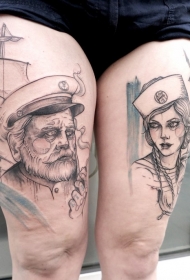 大腿old school黑色水手帆船纹身图案