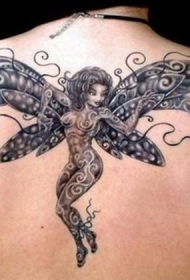 背部黑灰可爱的精灵纹身图案