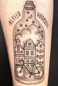 黑点线条点刺瓶子与城市夜间纹身图案