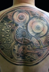 背部精美细节的机械纹身图案