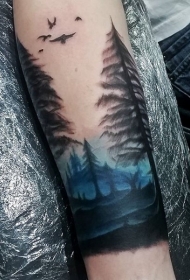 手臂彩色天然森林与鸟类纹身图案