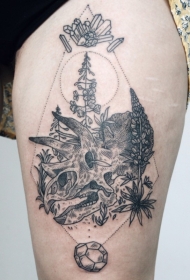 大腿黑色雕刻风格恐龙头骨和植物纹身图案