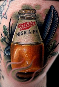腿部漂亮的彩色逼真瓶子纹身图案