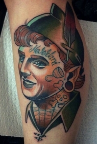 腿部老学校的风格的彩色潘裕文肖像纹身