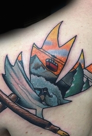 肩部新的学校风彩色枫叶与滑雪板纹身