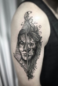 大臂雕刻风格黑色大老虎与人脸纹身图案