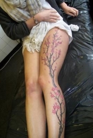 女性腿部彩色樱花树纹身图案