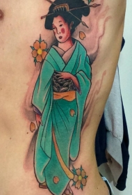 腰侧彩色日本花面艺伎纹身图案