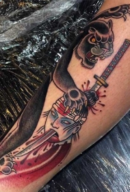 new school黑豹和生首日式纹身图案