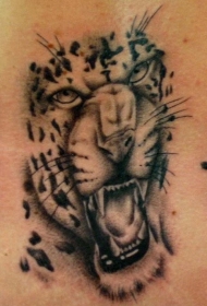 肩部巨大的黑白猎豹头像纹身图案