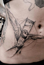 腹部素描风格黑色神秘鸟纹身图案