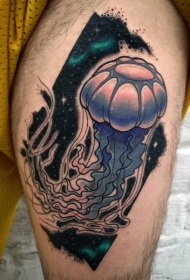 小腿漂亮的卡通像彩色水母和星空纹身图案