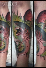 腿部彩色新的学校风格色鲨鱼纹身图案
