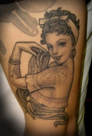 大腿时尚黑灰美丽舞者肖像纹身图案