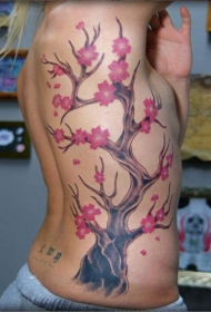 侧肋好看的的樱花树彩色纹身图案