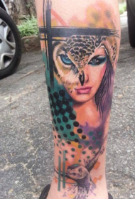 new school彩色女人脸与猫头鹰小腿纹身图案
