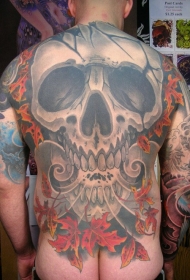 背部死亡的骷髅枫叶纹身图案