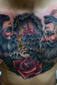 胸部old school彩色吸烟水手花朵海景纹身图案