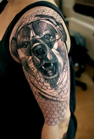 大臂黑灰几何线条熊纹身图案