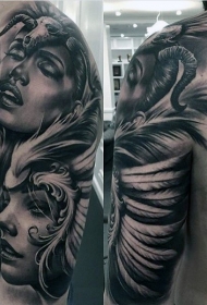 手臂华丽的逼真部落女性肖像纹身图案