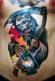 腹部new school彩色死神和灯纹身图案