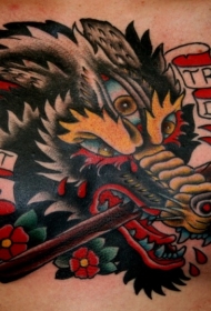 胸部old school彩色字母和斧头恶狼纹身图案