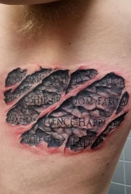 腰侧逼真的撕裂皮肤风格字符纹身