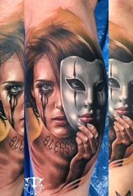 腿部全新学校风格彩色女性面具纹身